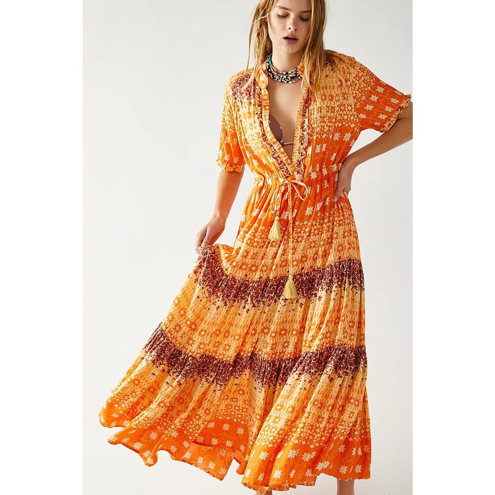 New Free People Rare Feelings Tiered Maxi Dress $148 X-SMALL Orange Boho Floral
